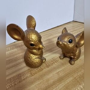 Vintage Gold Painted Ceramic Mouse Mice Figurine Pair Norcrest Style MCM Decor